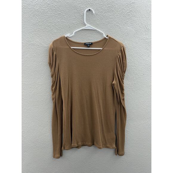 Express Womens Shirt Size XL Brown Ribbed LongSleeve Ruched Shoulder Lightweight - Picture 1 of 9